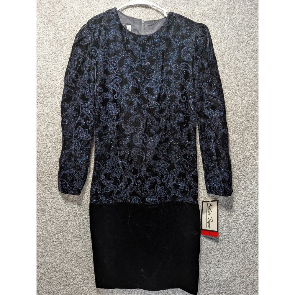 VTG NWT Another Thyme Black Velvet Purple‎ Green Glitter Long Sleeve Midi Dress